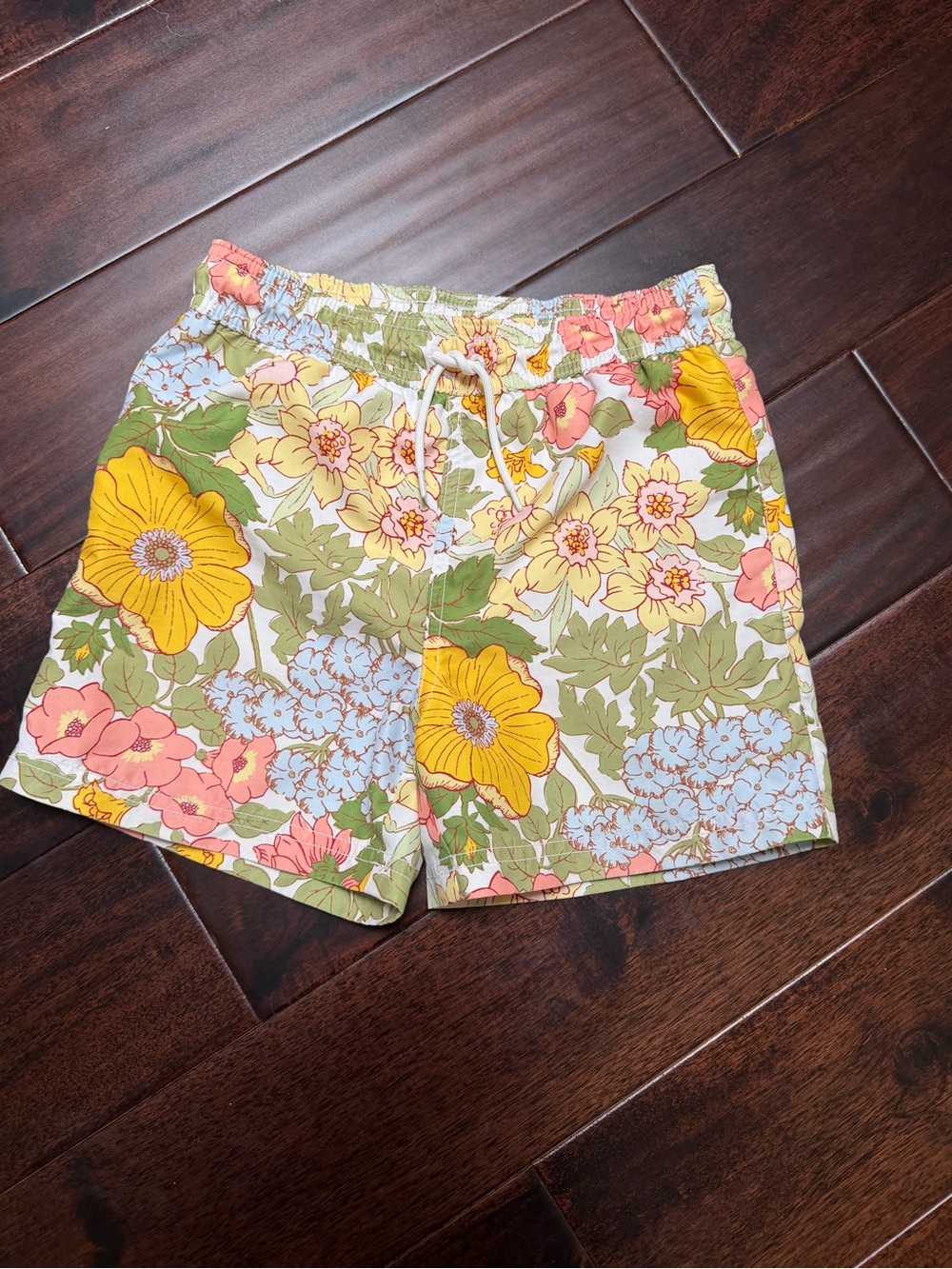 Janie & Jack Yellow peach green Floral Boys Swim Trunks size 7 w sun shirt